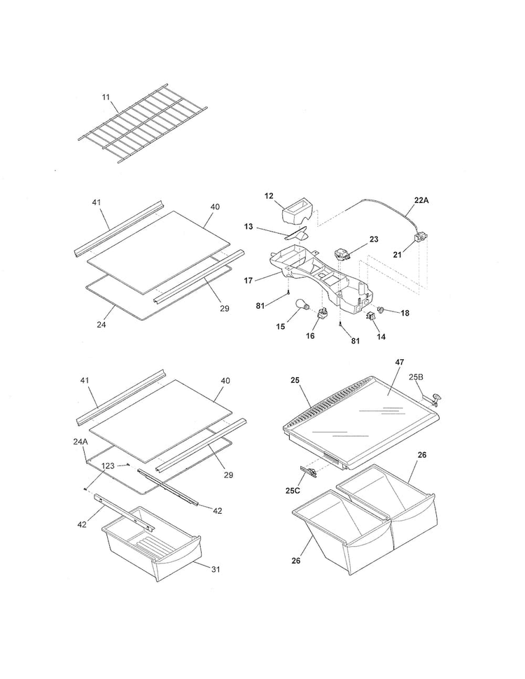 Shelves Diagram and Parts List for LFHT1817LW9  Frigidaire Refrigerator