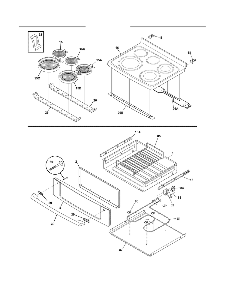 Top/drawer Diagram and Parts List for EI30EF55GSH  Electrolux Range