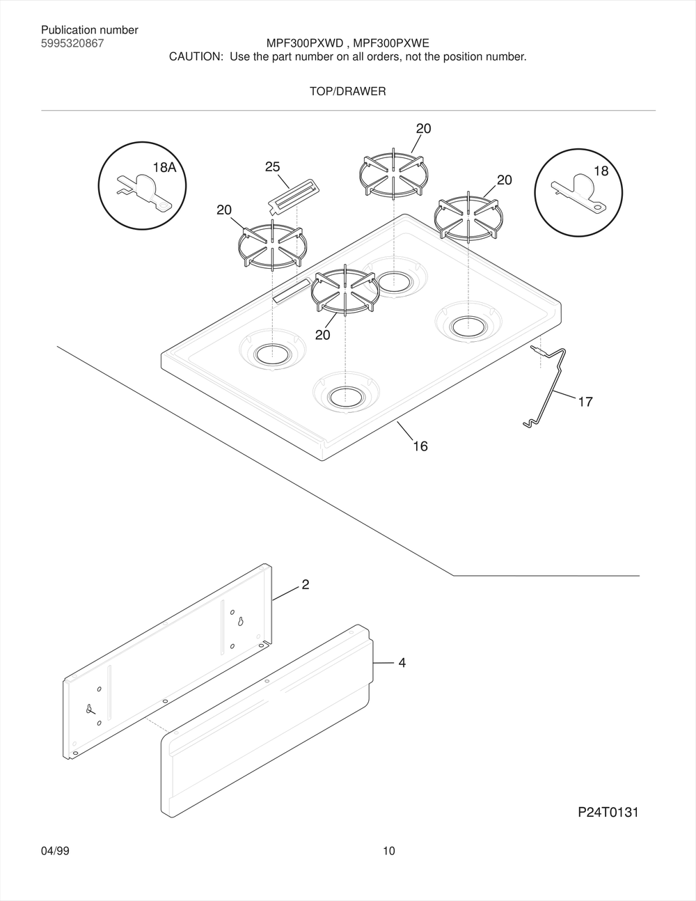 Top/Drawer Diagram and Parts List for MPF300PXWD  Frigidaire Range