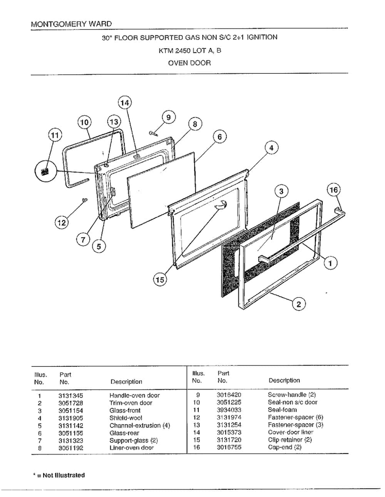 30"/oven Door Diagram and Parts List for 2450C  Frigidaire Range
