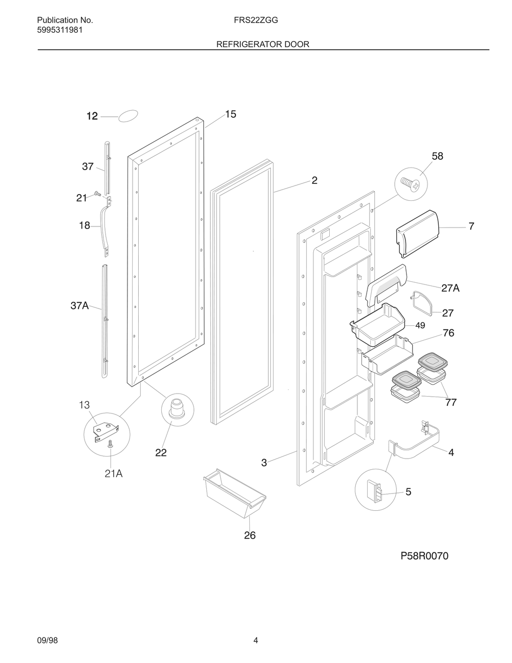 Refrigerator Door Diagram and Parts List for FRS22ZGGB3  Frigidaire Refrigerator