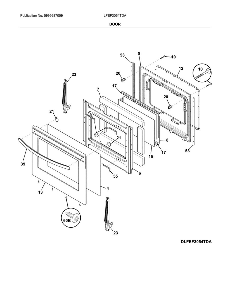 Door Diagram and Parts List for LFEF3054TDA  Frigidaire Range