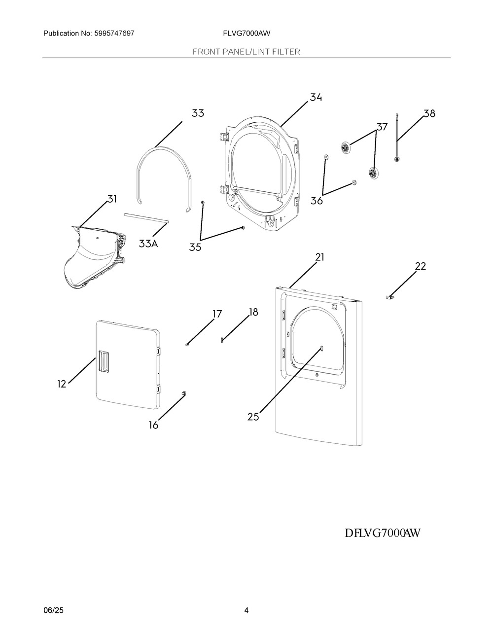 Front Panel/Lint Filter Diagram and Parts List for FLVG7000AW  Frigidaire Dryer