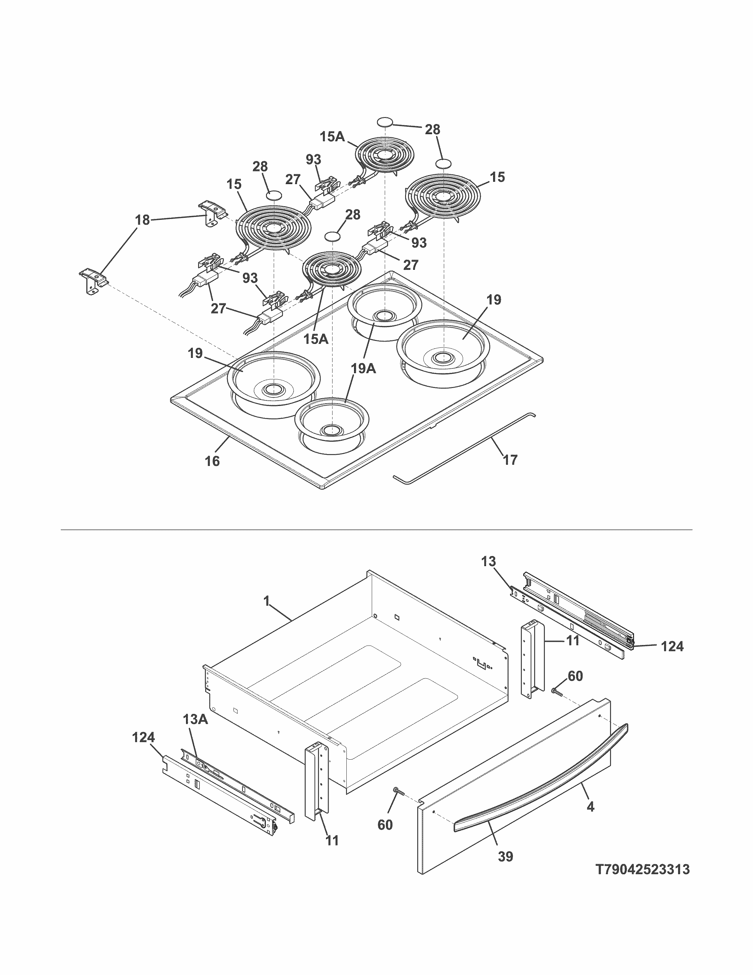 Top/drawer Diagram and Parts List for 79042523313  Kenmore Range