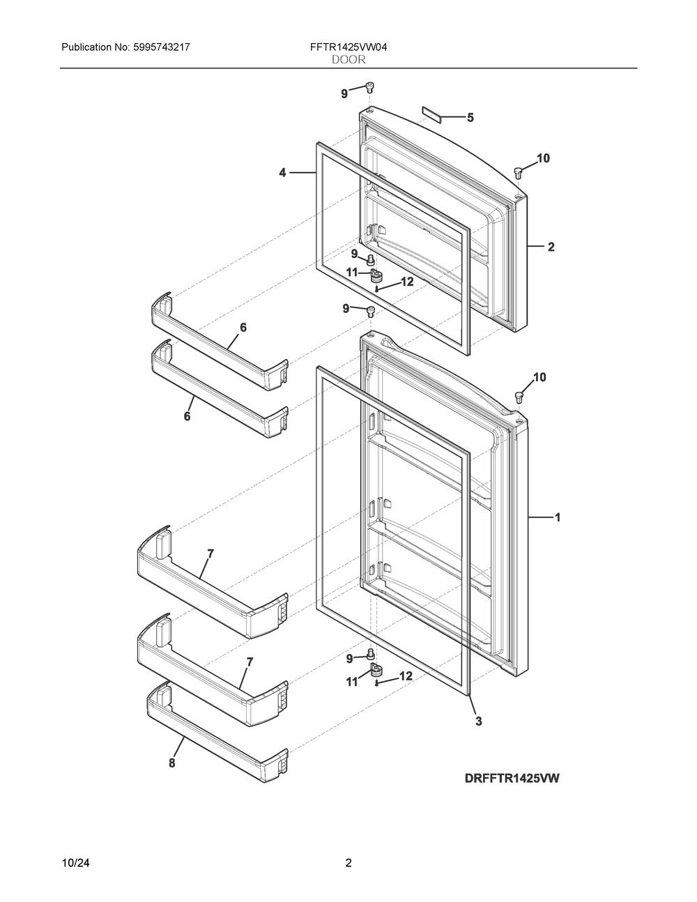 Door Diagram and Parts List for FFTR1425VW04  Frigidaire Refrigerator