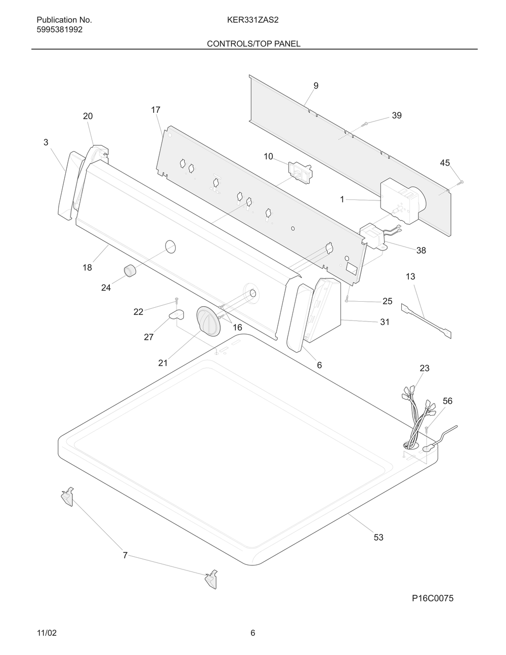 Controls/Top Panel Diagram and Parts List for KER331ZAS2  Frigidaire Dryer