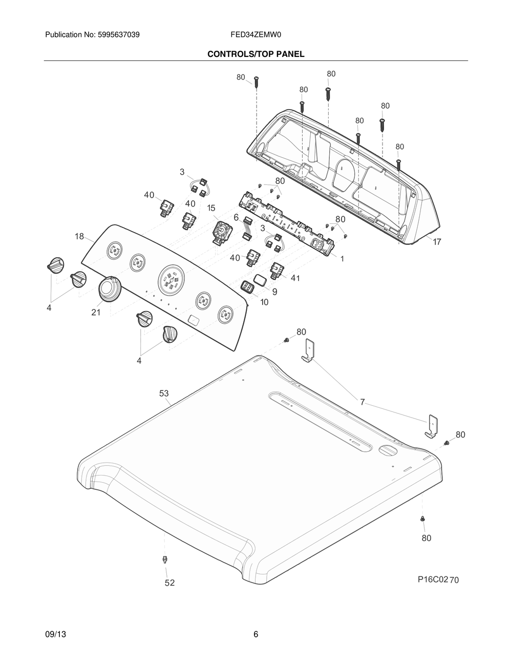 Controls/Top Panel Diagram and Parts List for FED34ZEMW0  Frigidaire Dryer