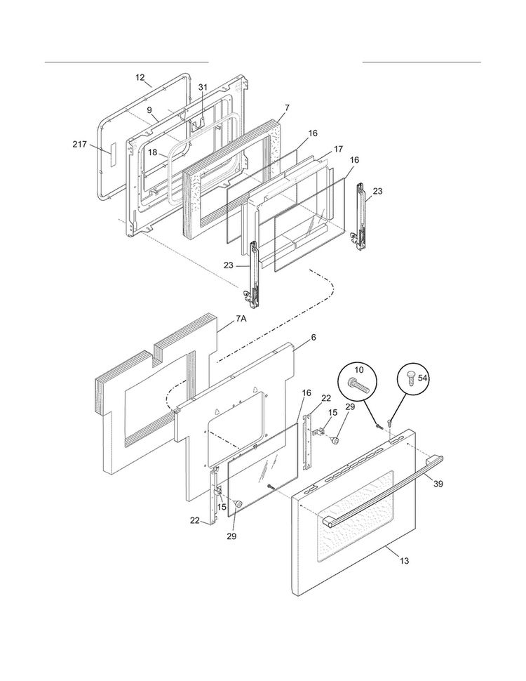 Oven Door Diagram and Parts List for FPEF4085KFC  Frigidaire Range