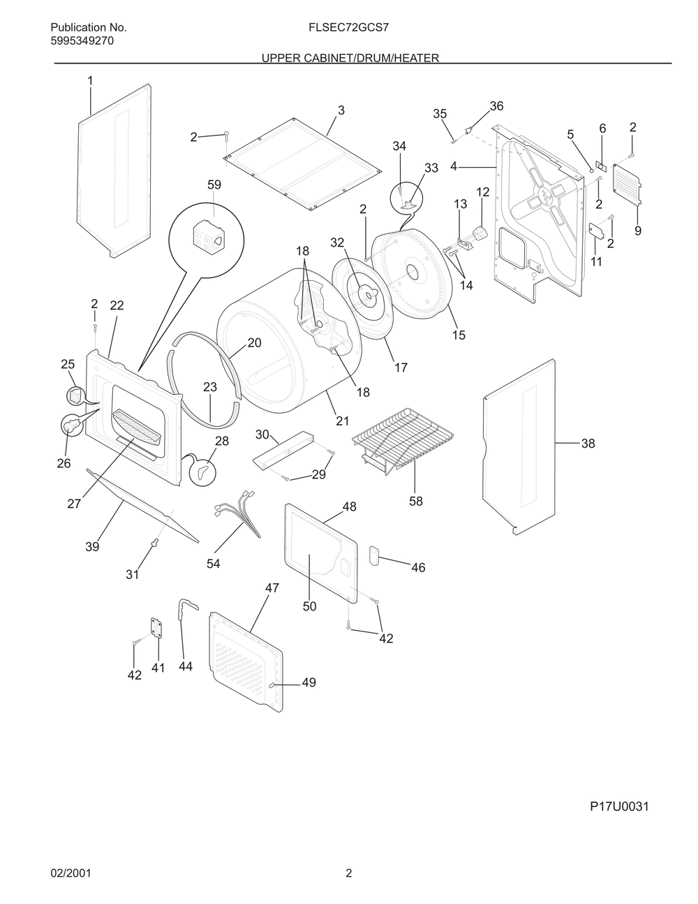 Upper Cabinet/Drum/Heater Diagram and Parts List for FLSEC72GCS7  Frigidaire Dryer