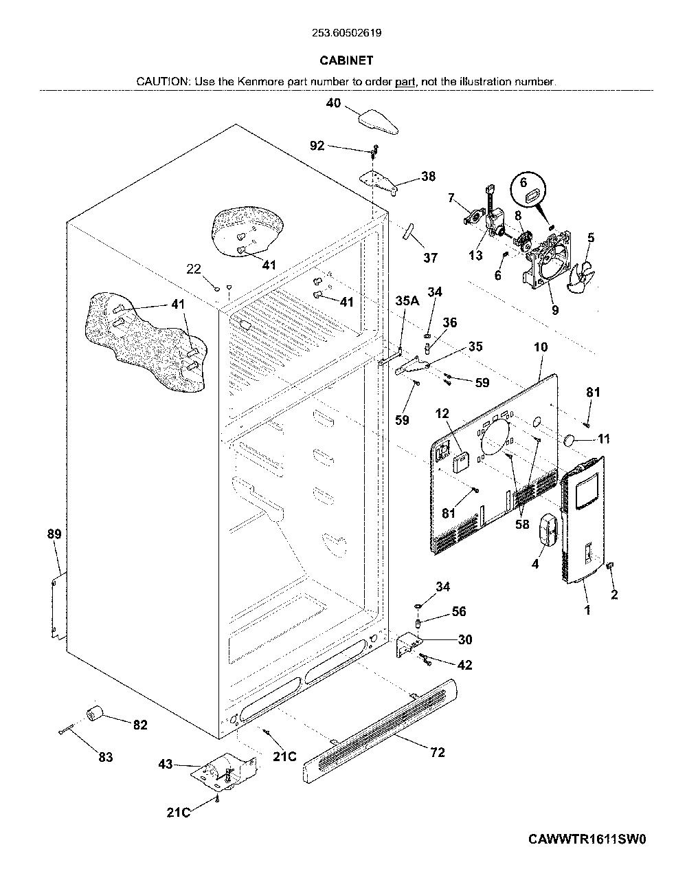 Cabinet Diagram and Parts List for 25360502619  Kenmore Refrigerator