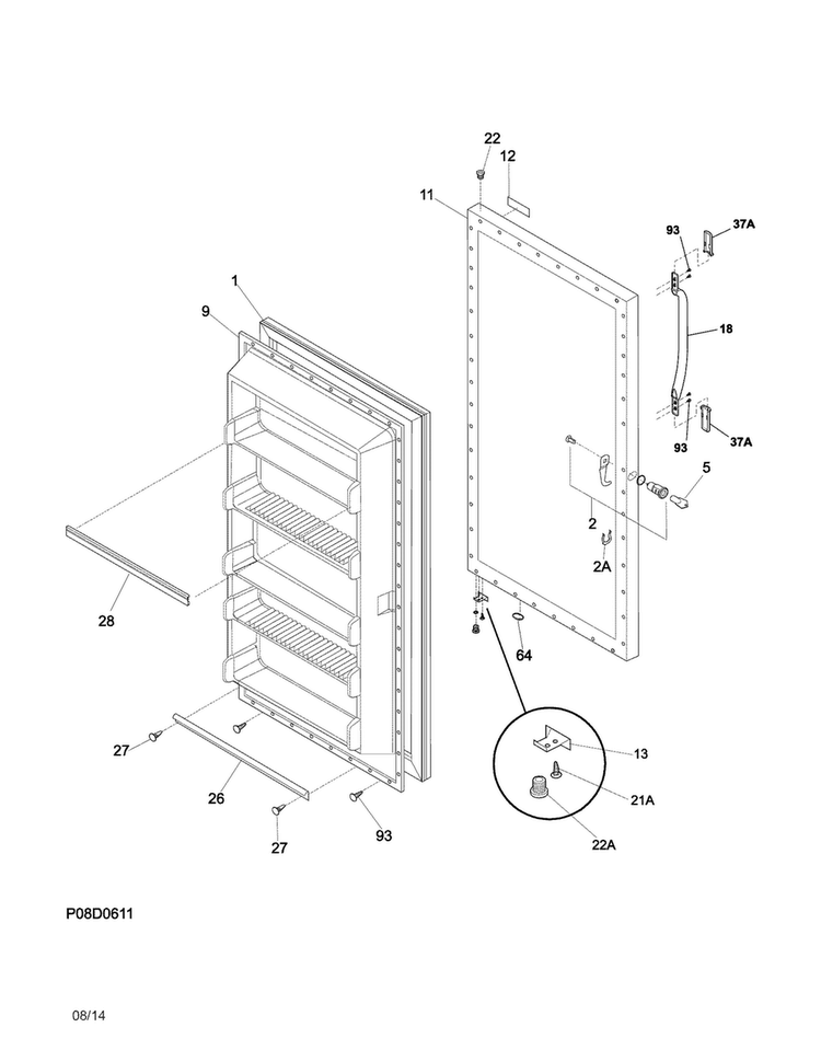 Door Diagram and Parts List for FFU14M5HWH  Frigidaire Freezer