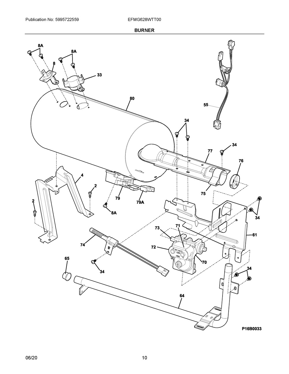 Burner Diagram and Parts List for EFMG628WTT00  Frigidaire Dryer