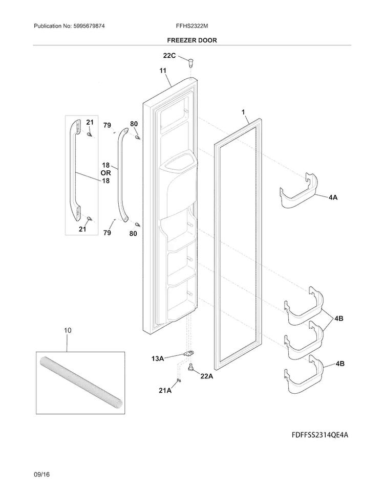 Freezer Door Diagram and Parts List for FFHS2322MWKA  Frigidaire Refrigerator