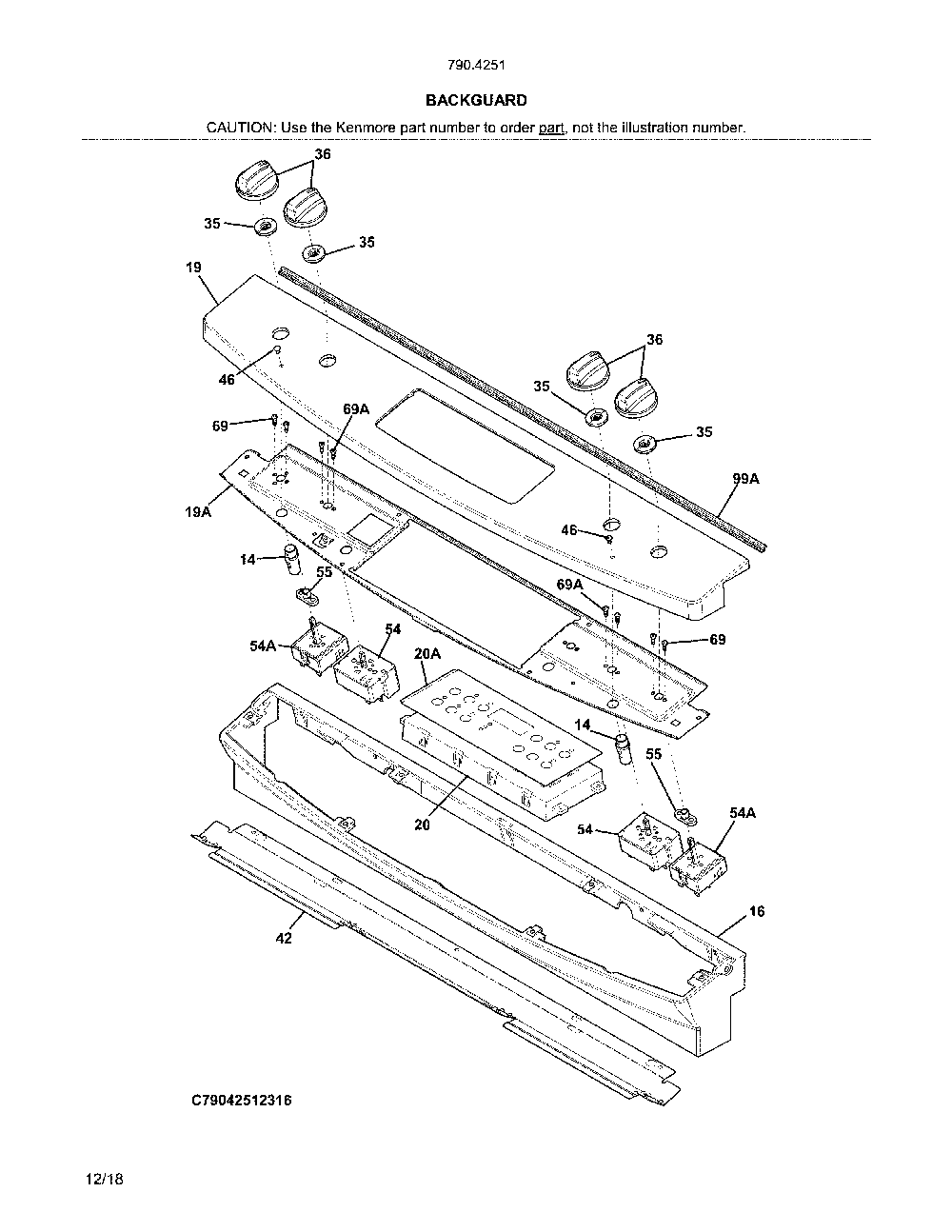Backguard Diagram and Parts List for 79042512316  Kenmore Range