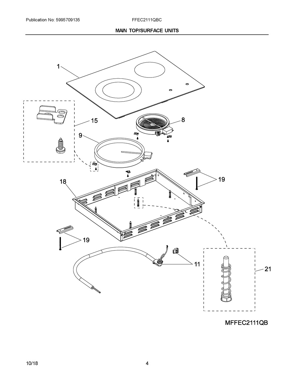 Main Top/surface Units Diagram and Parts List for FFEC2111QBC  Frigidaire Cooktop