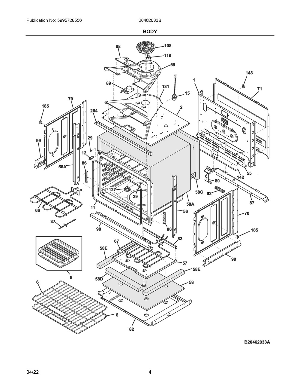 Body Diagram and Parts List for 20462033B  Frigidaire Wall Oven