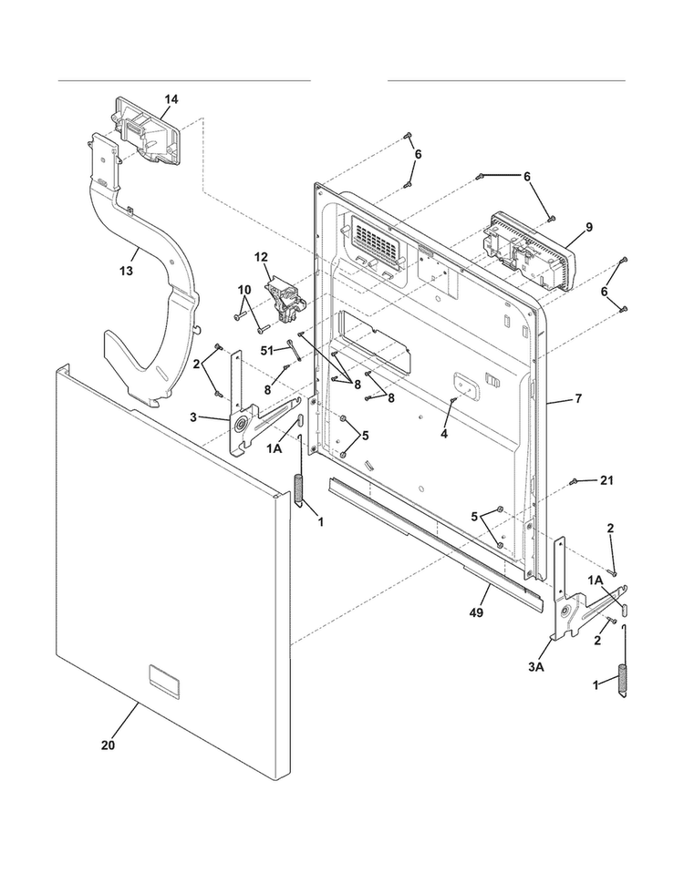 Door Diagram and Parts List for FGBD2432KB1A  Frigidaire Dishwasher