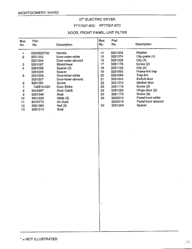 Door, Front Panel, Lint Filter Page 2 Diagram and Parts List for 7007-80C  Frigidaire Dryer