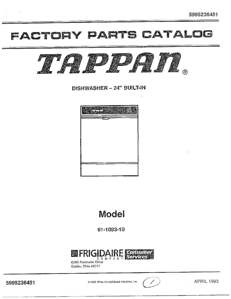 Cover Page Diagram and Parts List for 61-1093-10  Frigidaire Dishwasher