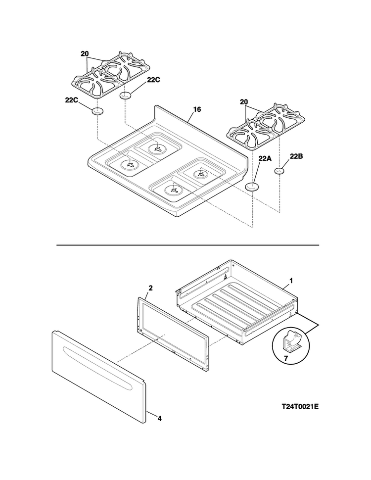 Top/drawer Diagram and Parts List for FFGF3024RWA  Frigidaire Range