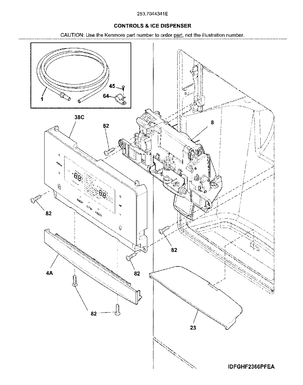 Controls & ice dispenser Diagram and Parts List for 2537044341E  Kenmore Refrigerator