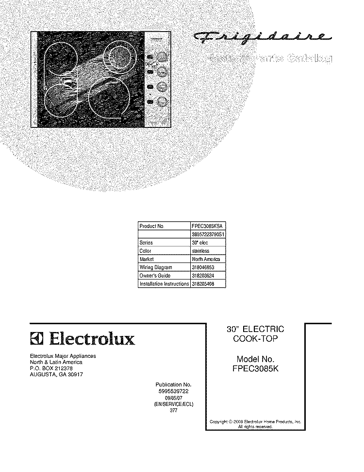COVER Diagram and Parts List for FPEC3085KSA  Frigidaire Cooktop