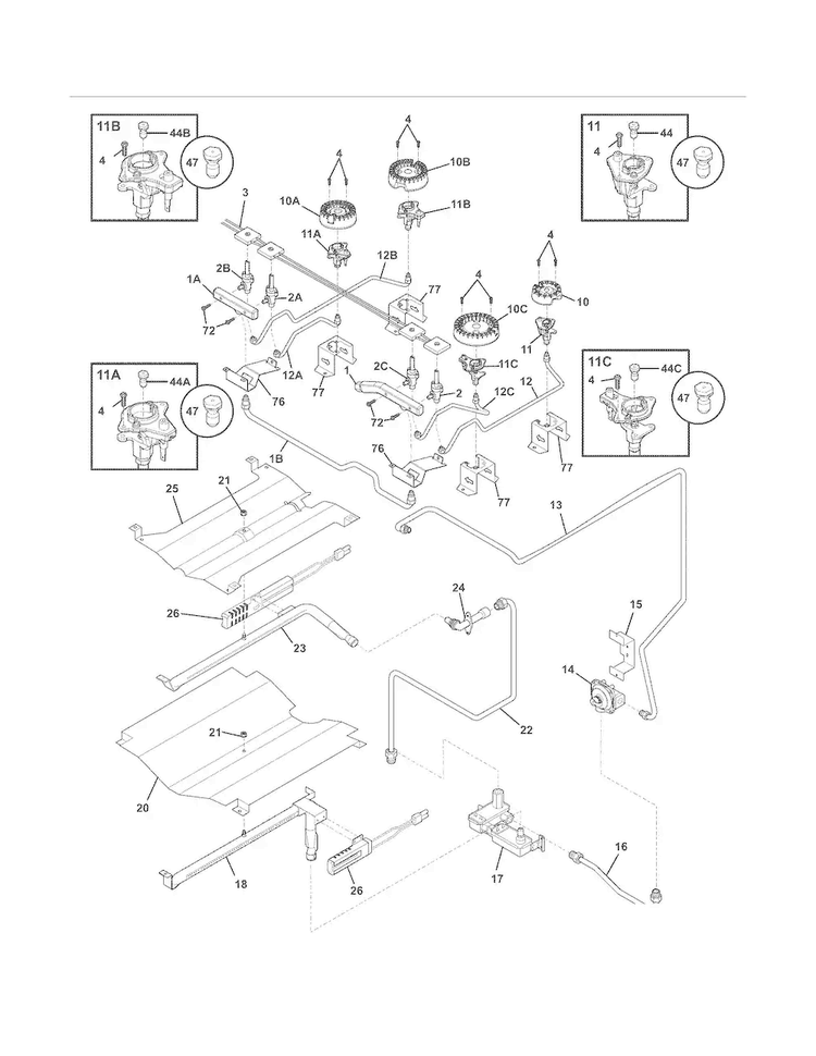 Burner Diagram and Parts List for FGGS3045KFE  Frigidaire Range