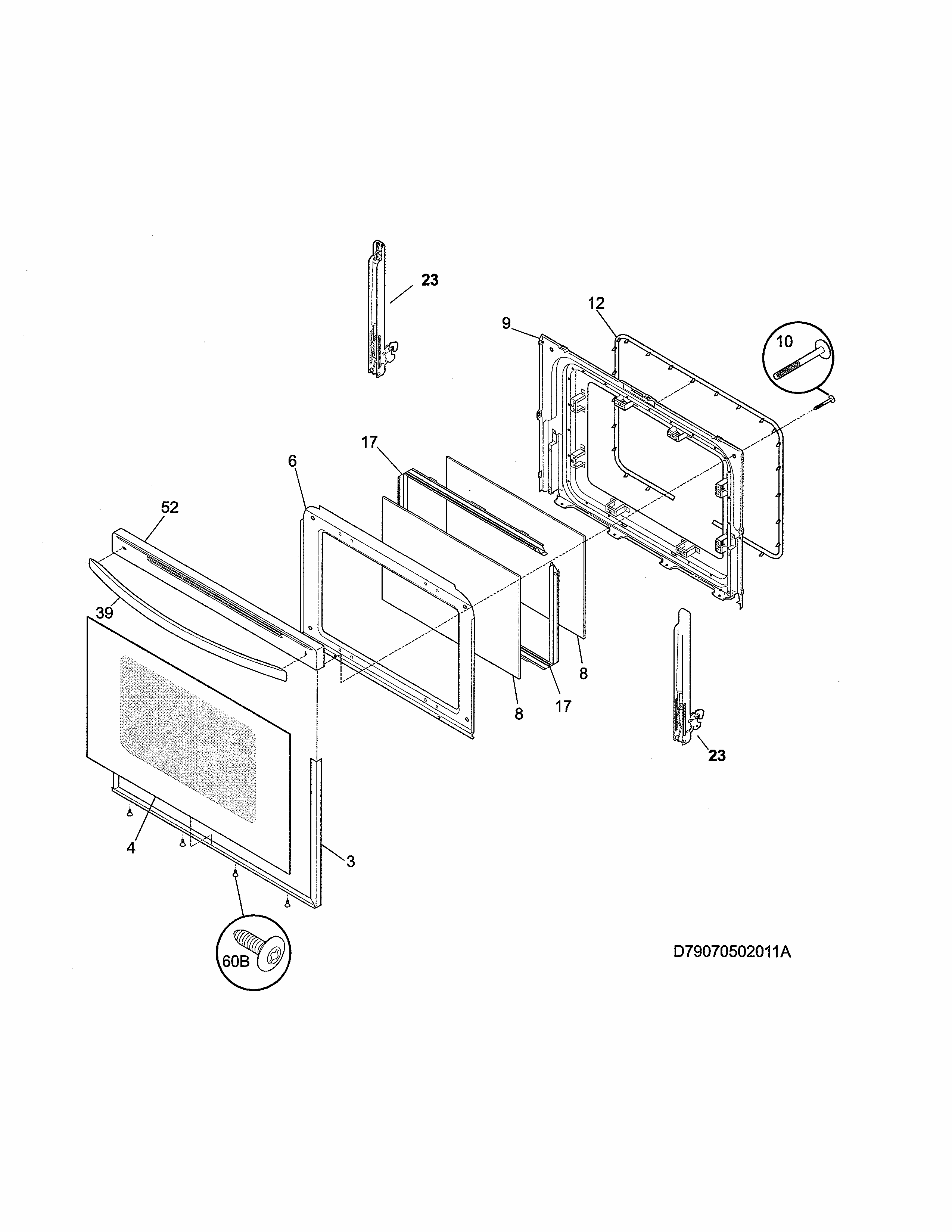 Door Diagram and Parts List for 79073232312  Kenmore Range
