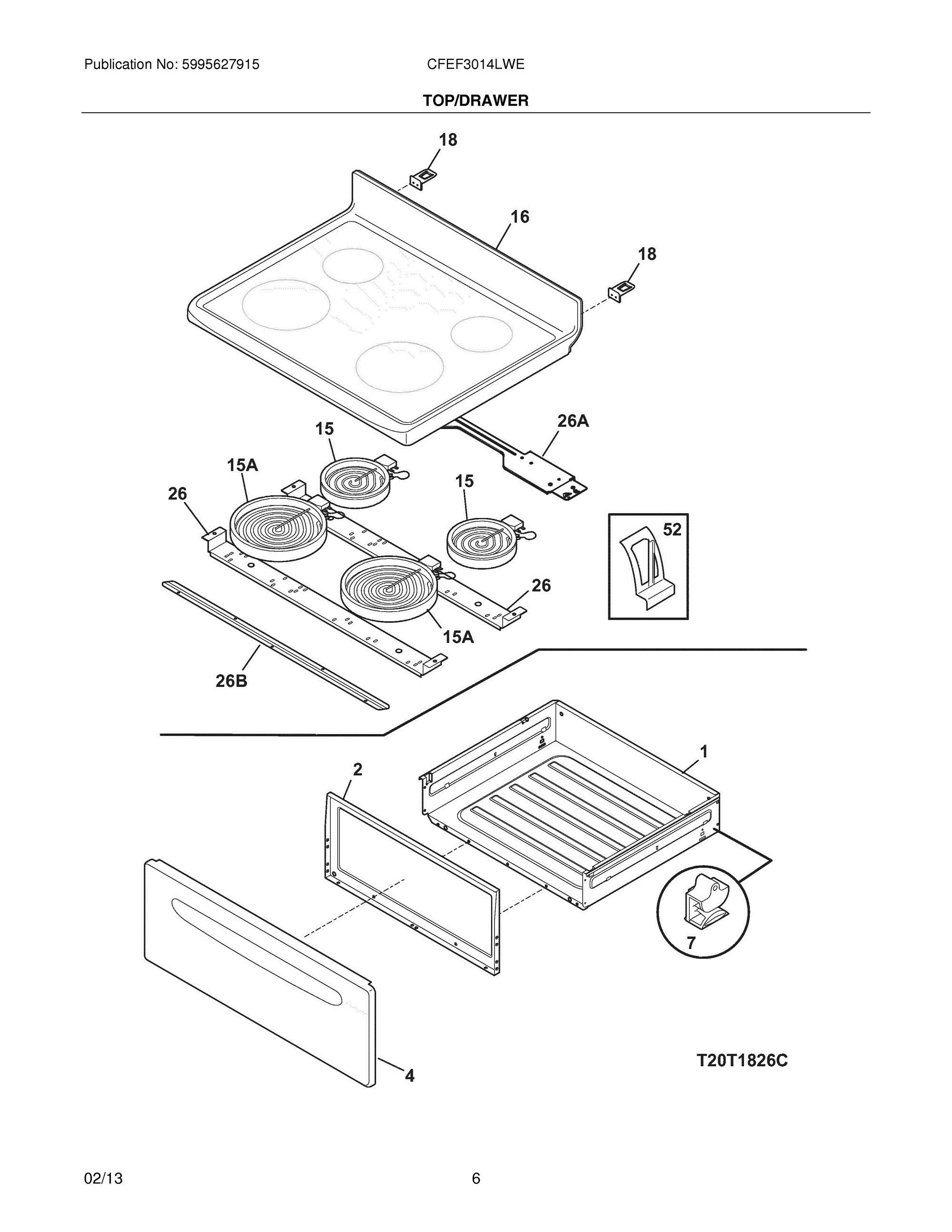 07 - TOP/DRAWER Diagram and Parts List for CFEF3014LWE  Frigidaire Range