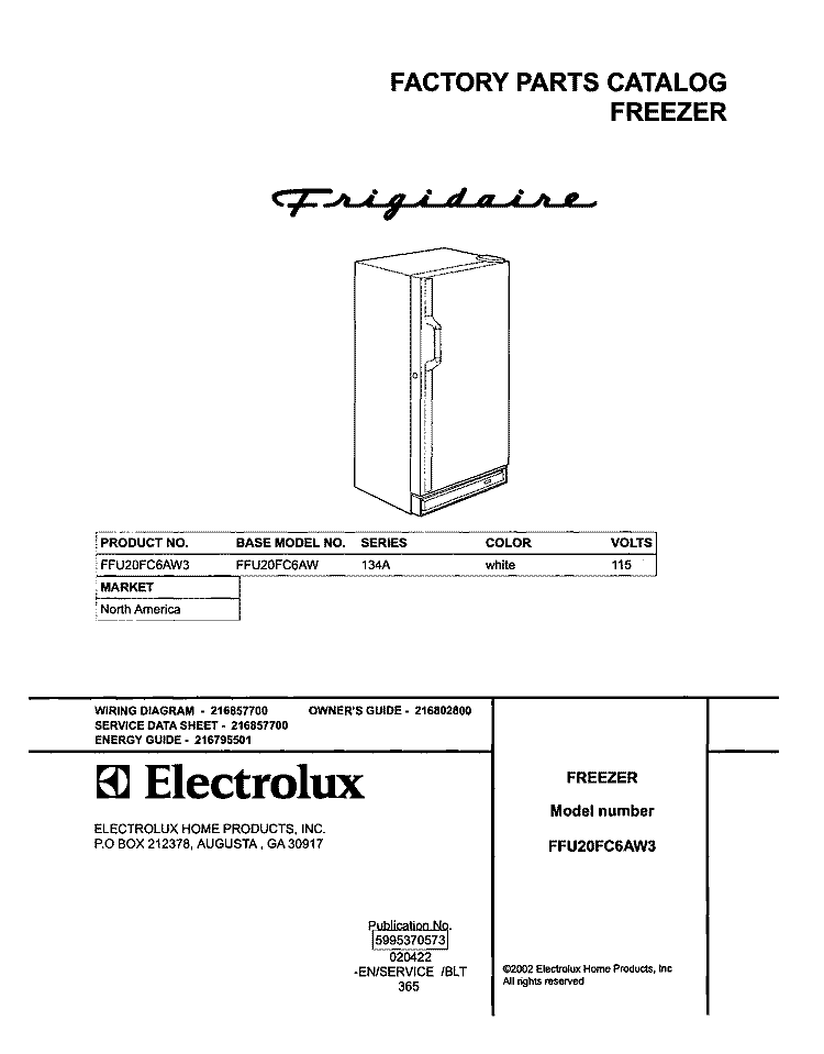 COVER Diagram and Parts List for FFU20FC6AW3  Frigidaire Freezer