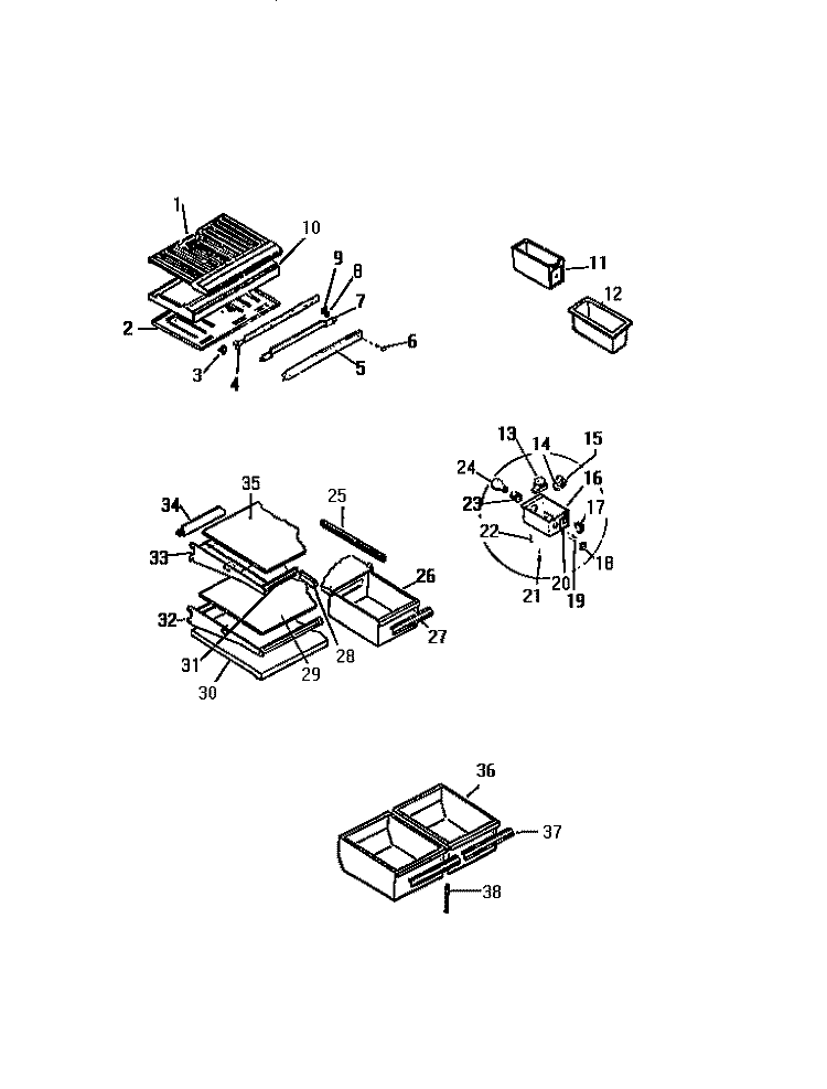 SHELVES, CONTROLS, DIVIDER, MULLION Diagram and Parts List for TUK160AN6W  Kelvinator Refrigerator