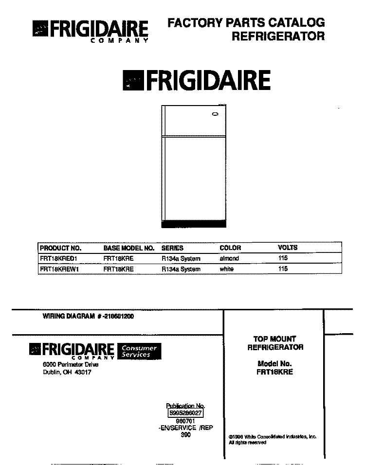 COVER Diagram and Parts List for FRT18KRED1  Frigidaire Refrigerator