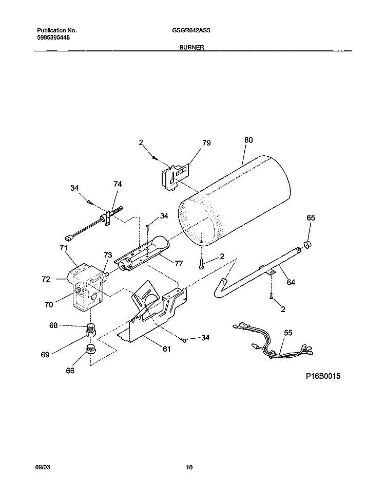 BURNER Diagram and Parts List for GSGR642AS5  Frigidaire Dryer