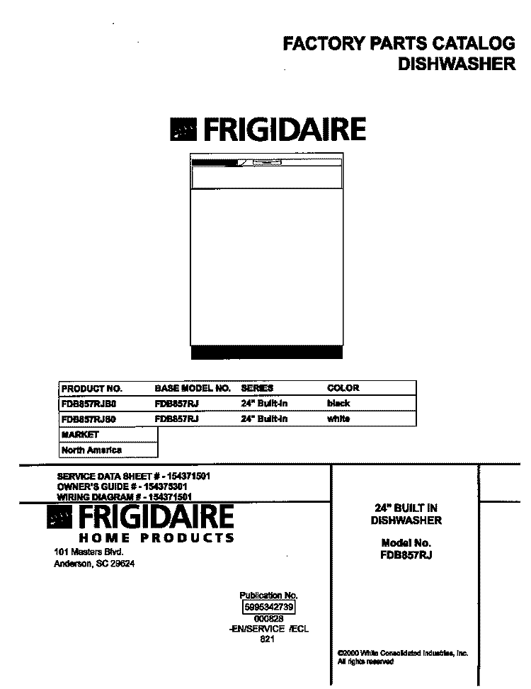 COVER Diagram and Parts List for FDB857RJB0  Frigidaire Dishwasher
