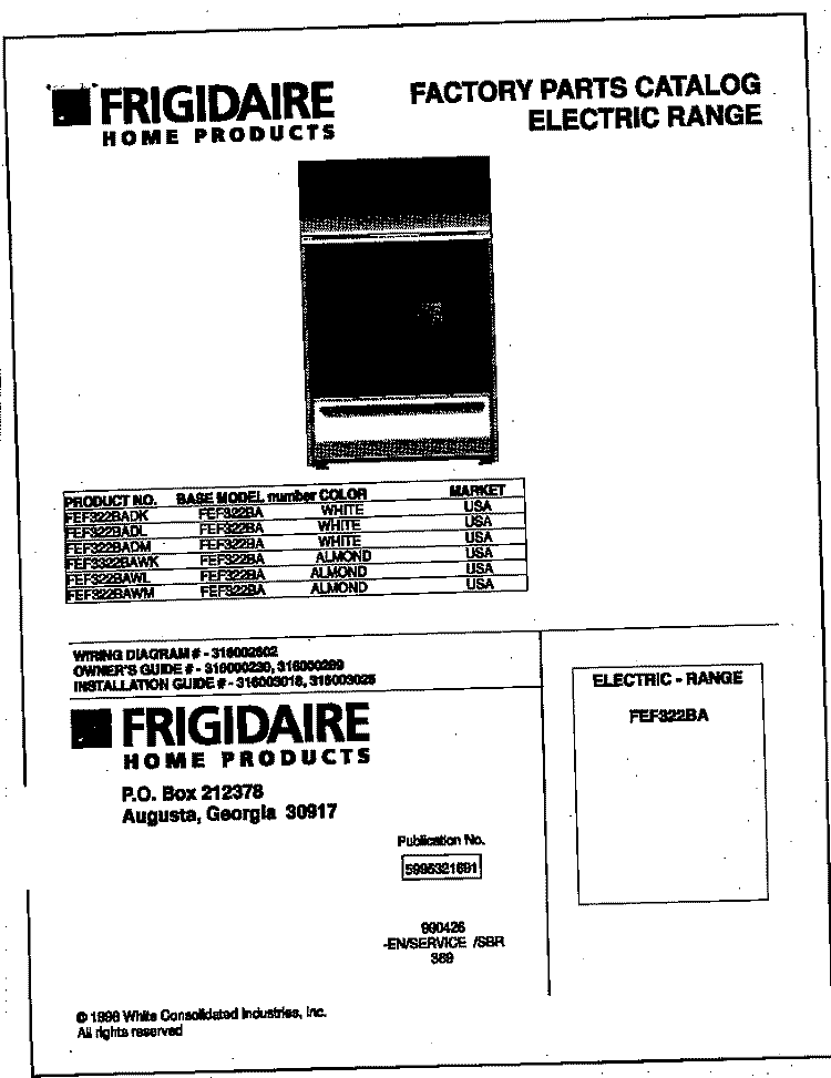 COVER Diagram and Parts List for FEF322BAWM  Frigidaire Range