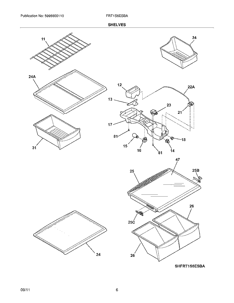 SHELVES Diagram and Parts List for FRT1S6ESBA  Frigidaire Refrigerator