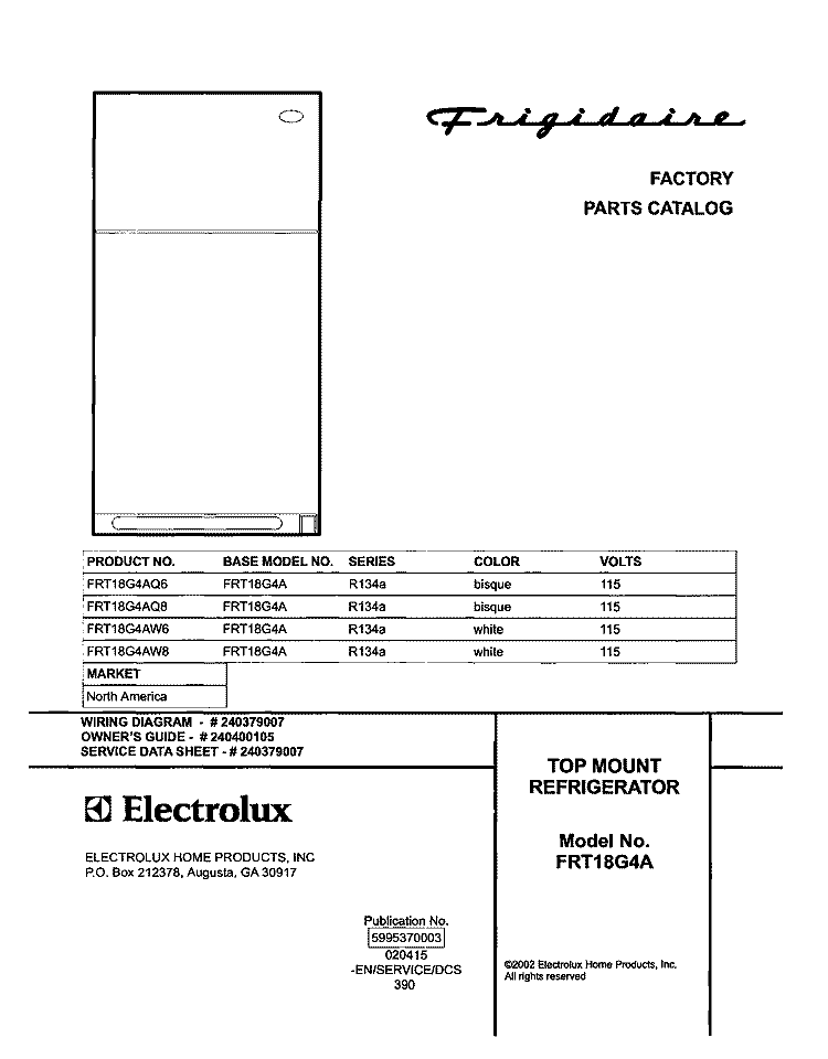 COVER Diagram and Parts List for FRT18G4AQ6  Frigidaire Refrigerator