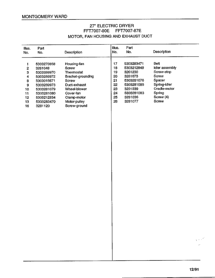 Motor/fan Housing And Exhaust Duct Page 2 Diagram and Parts List for 7007-87E  Frigidaire Dryer