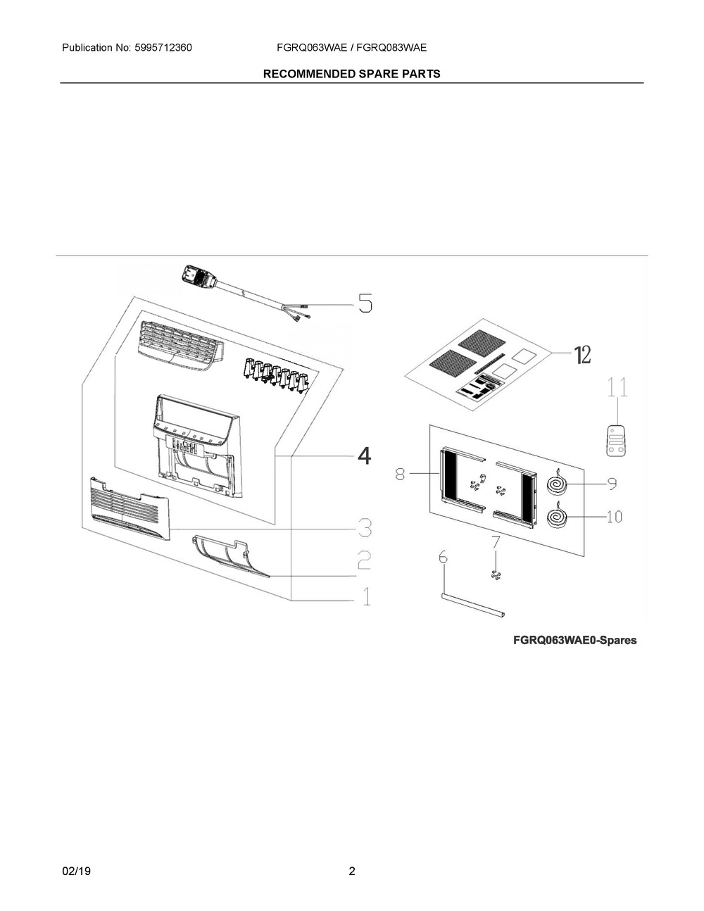Recommended Spare Parts Diagram and Parts List for FGRQ063WAE0  Frigidaire Air Conditioner