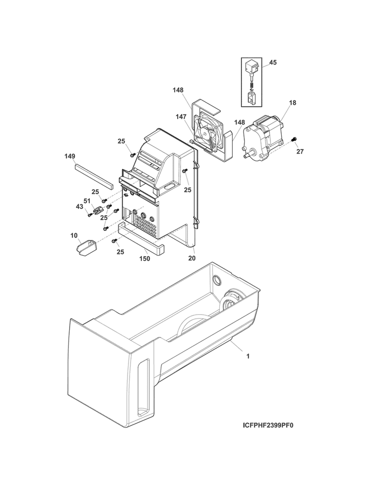Ice Container Diagram and Parts List for 25370443412  Kenmore Refrigerator