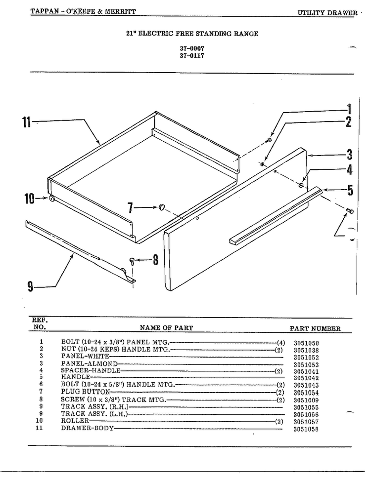 Utility Drawer Diagram and Parts List for 37-0117  Frigidaire Range