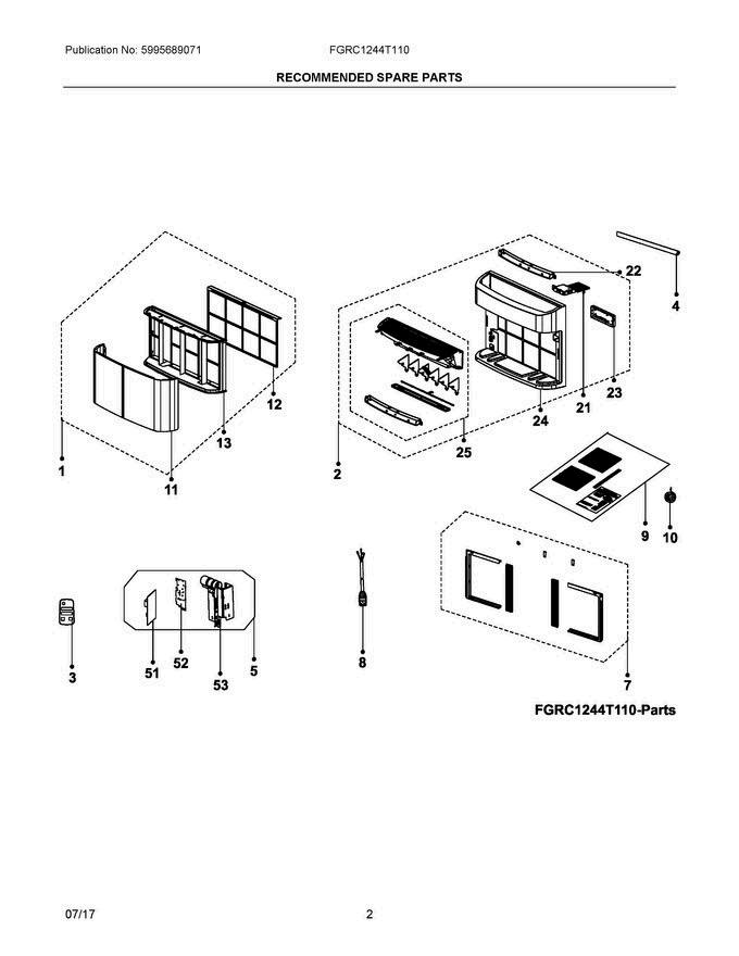 02 - Recommended Spare Parts Diagram and Parts List for FGRC1244T110  Frigidaire Air Conditioner