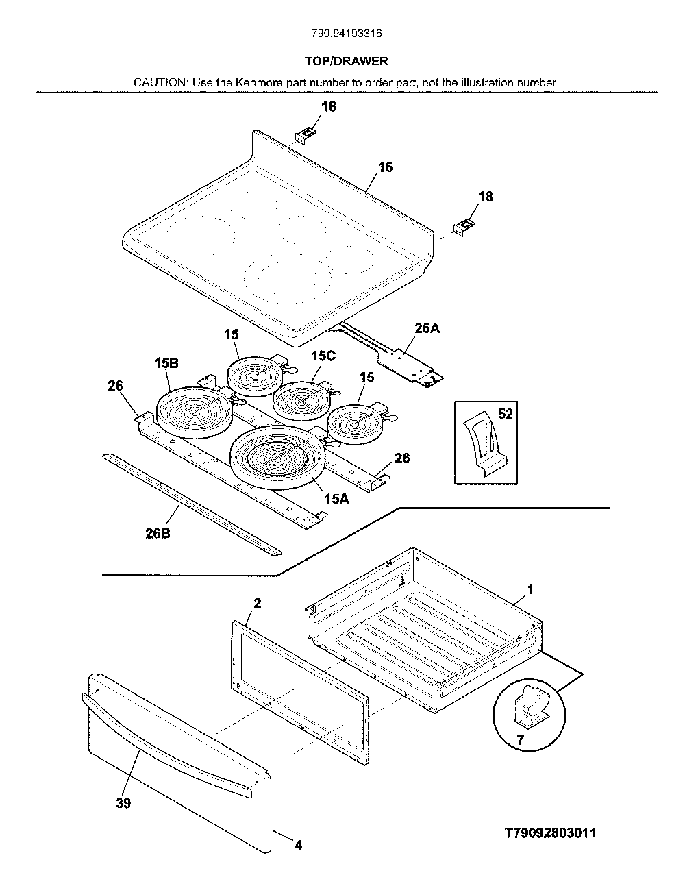 Top/drawer Diagram and Parts List for 79094193316  Kenmore Range