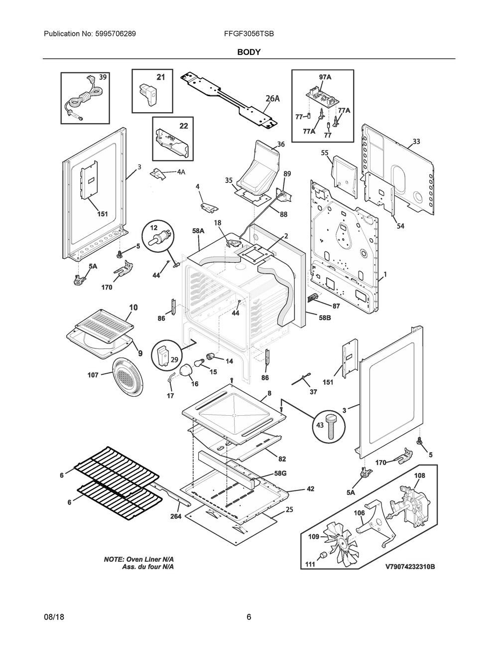 Body Diagram and Parts List for FFGF3056TSB  Frigidaire Range