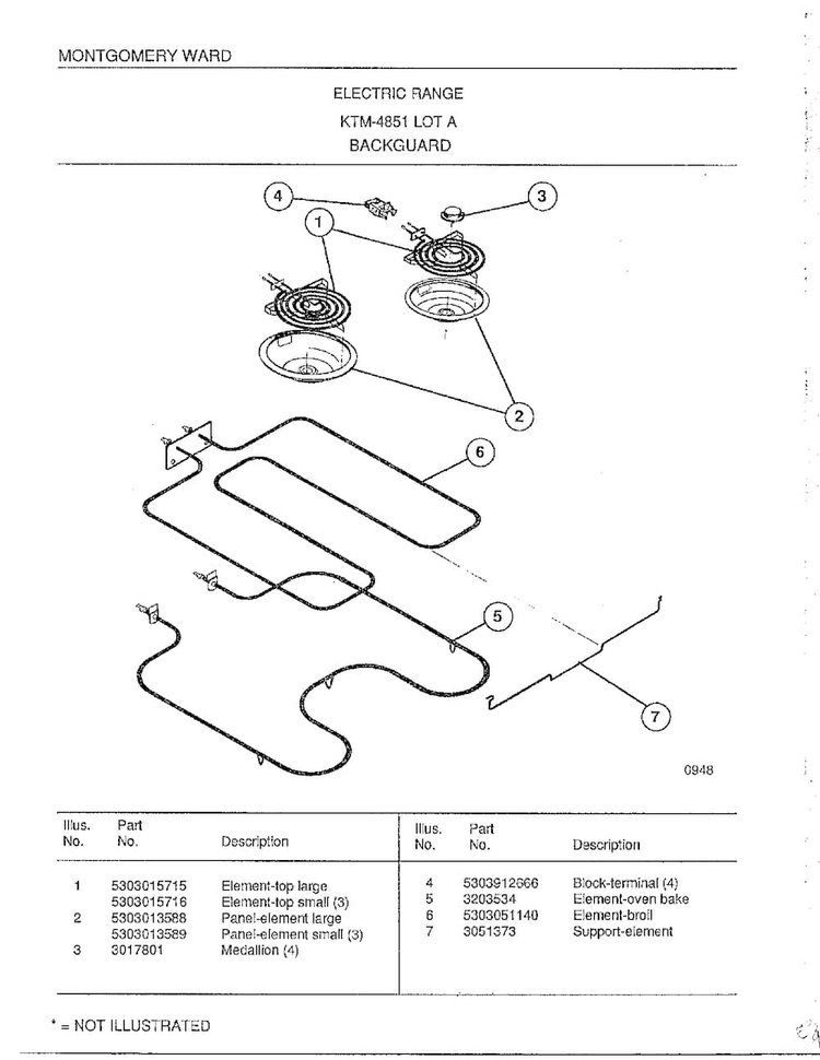 Backguard Diagram and Parts List for 4851A  Frigidaire Range