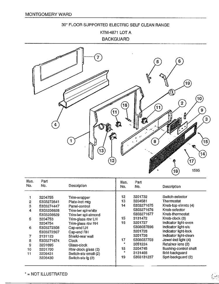 Backguard Diagram and Parts List for 4871A  Frigidaire Range