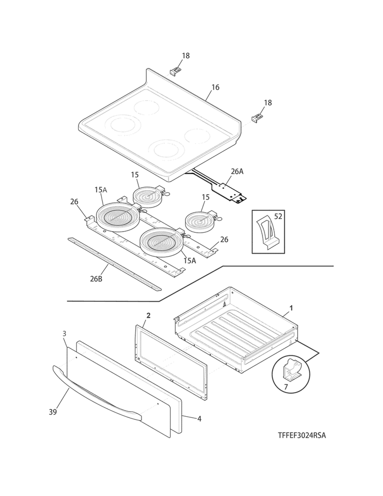 Top/drawer Diagram and Parts List for CFEF3024RSA  Frigidaire Range