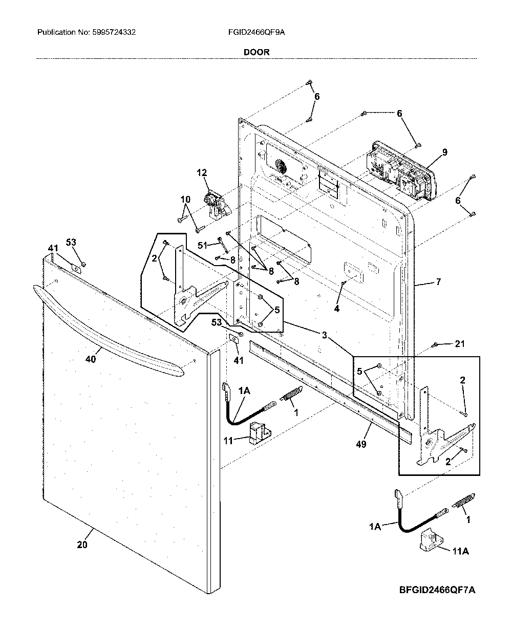 Door Diagram and Parts List for FGID2466QF9A  Frigidaire Dishwasher
