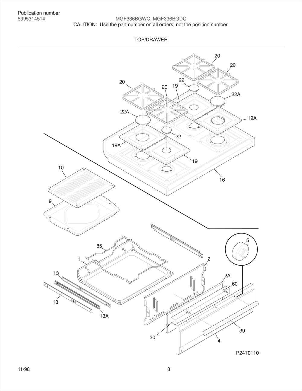 Top/Drawer Diagram and Parts List for MGF336BGDC  Frigidaire Range