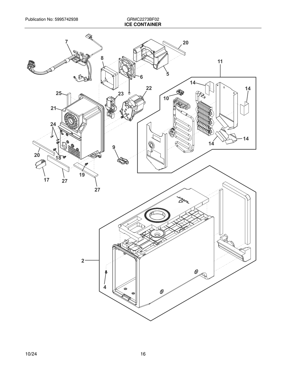 Ice Container Diagram and Parts List for GRMC2273BF02  Frigidaire Refrigerator